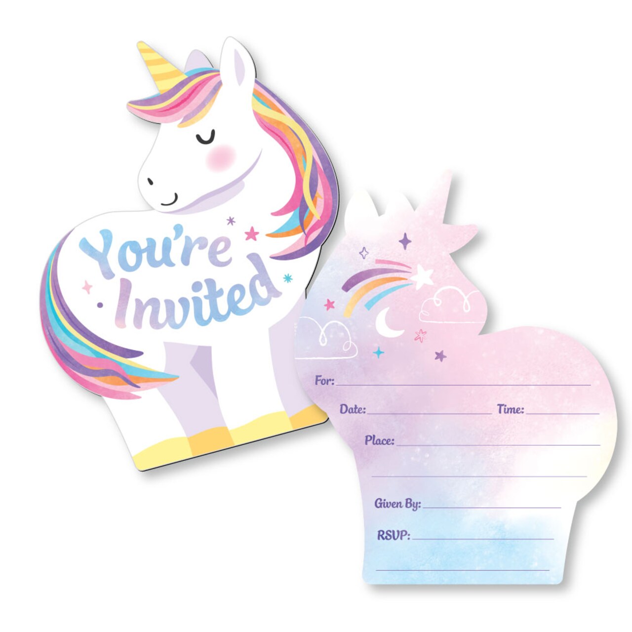 Big Dot of Happiness Unicorn Birthday Invitations with Envelopes, You're Invited Unicorn-Shaped Party Fill-In Invitation Flat Cards Birthday - 12 Ct
